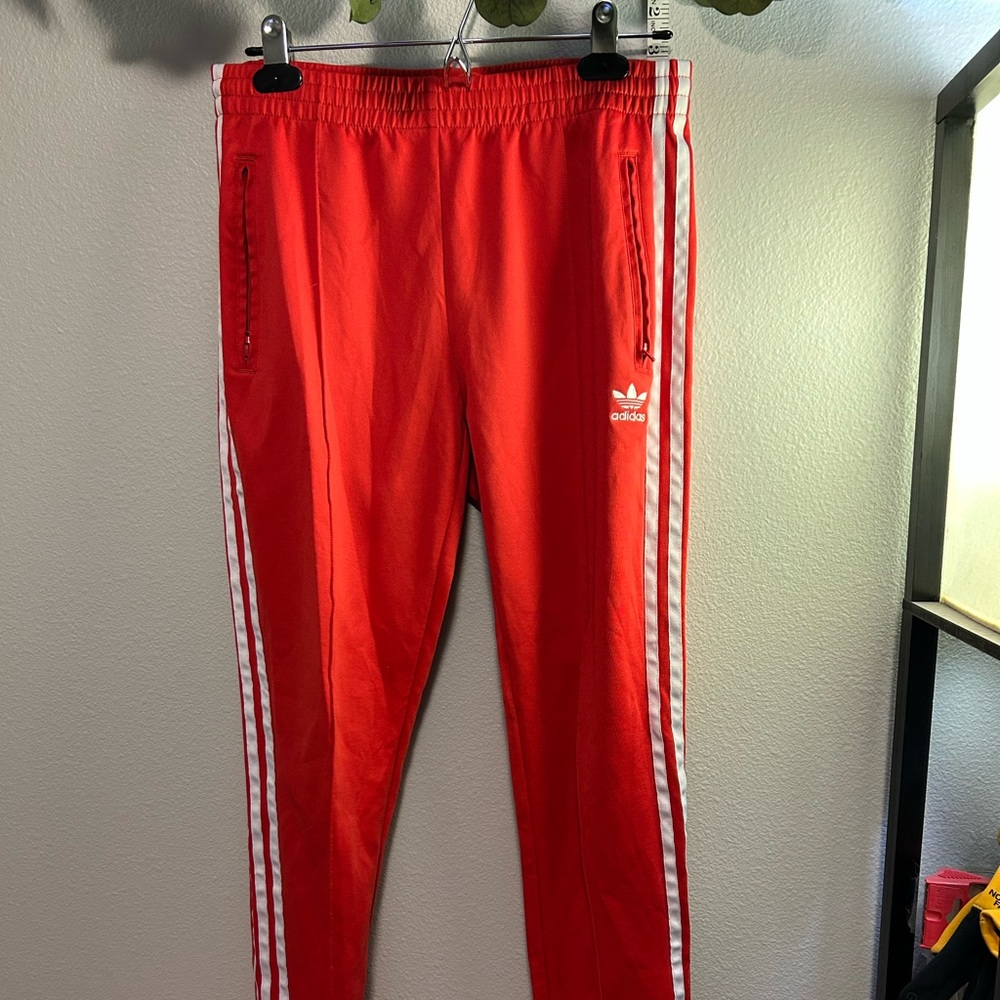Adidas red full length track pants zipper bottom small